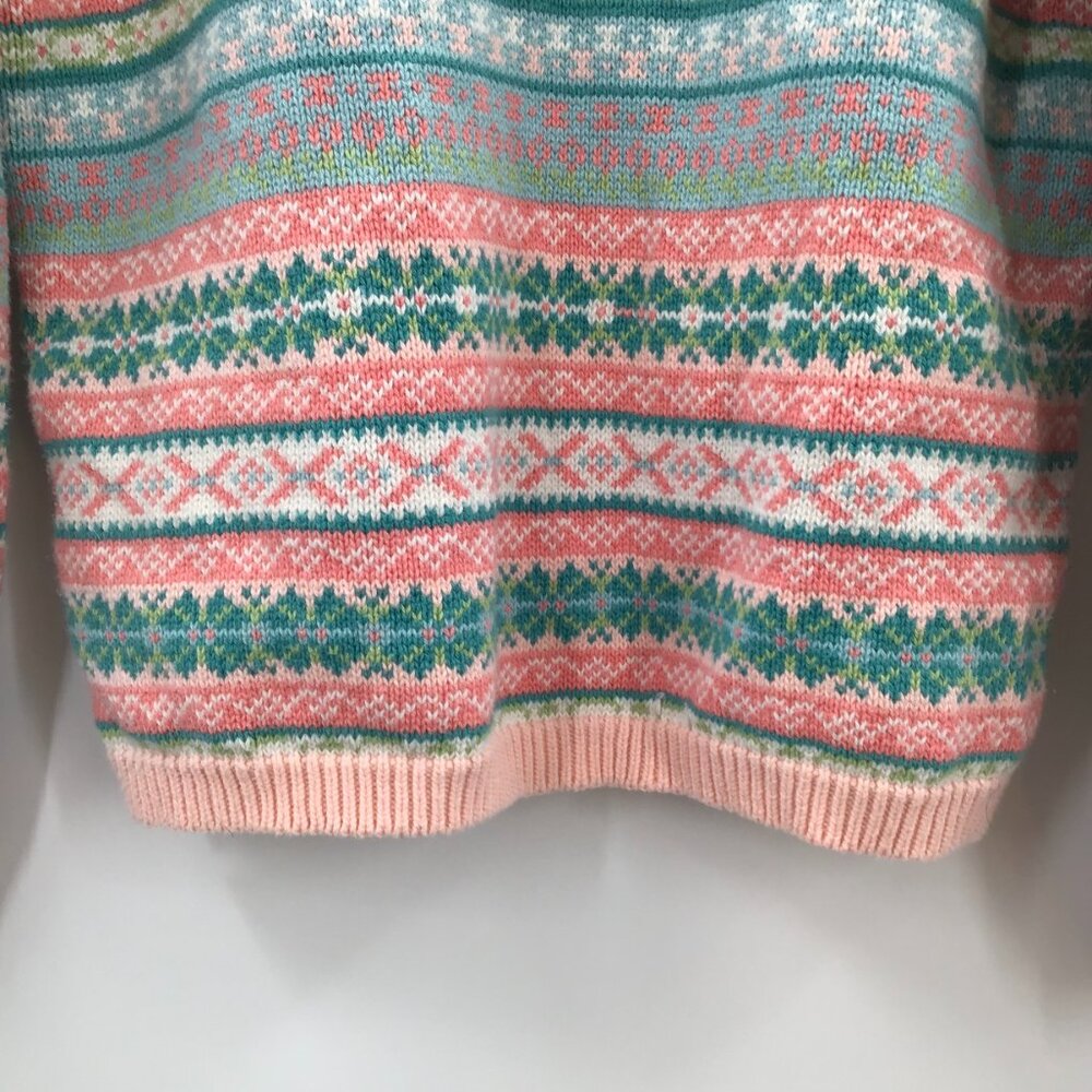 Vintage Womens 1990s Fair Isles Nordic Christmas Sweater Pink Green Cotton Soft - Picture 10 of 11